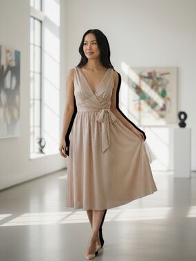 Calvin Klein Champagne Shimmery V-Neck Midi Dress with Tie Waist Medium